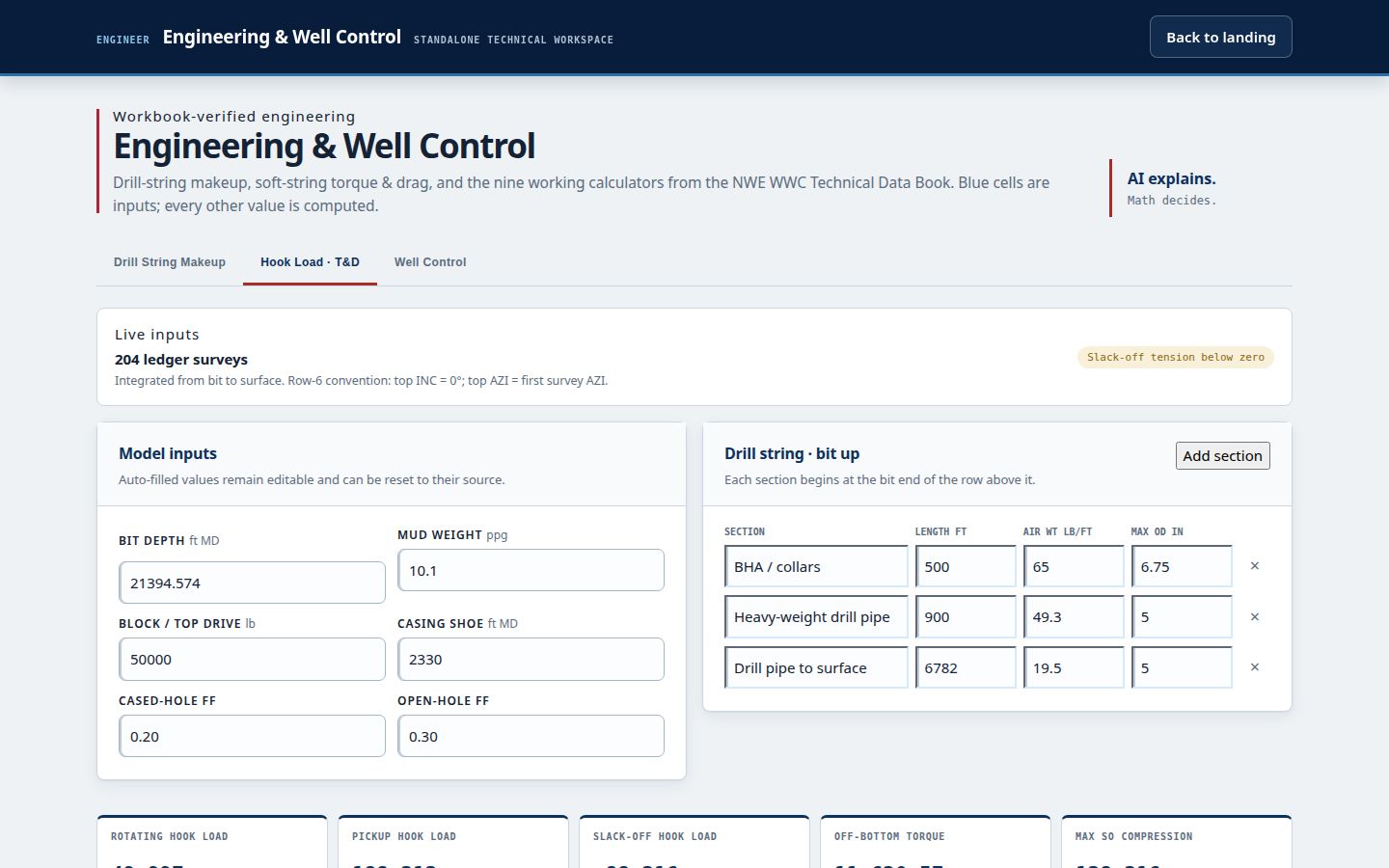 Live NWE WellReport Engineering and Well Control workspace