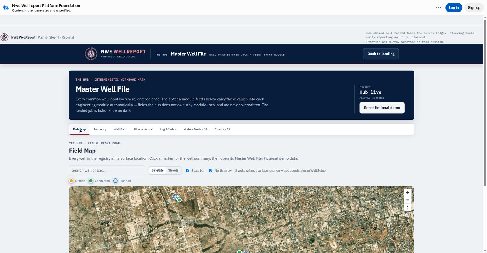 NWE WellReport Field Map showing planned, drilling, and completed wells marked across a satellite field view
